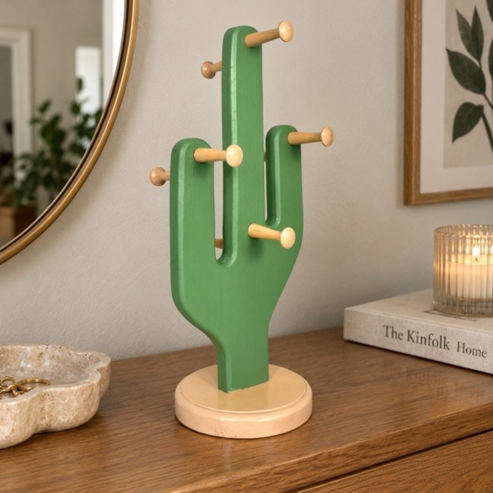 Handcrafted Wood Cactus Jewelry Holder 8 Peg Green Peach Necklace Stand